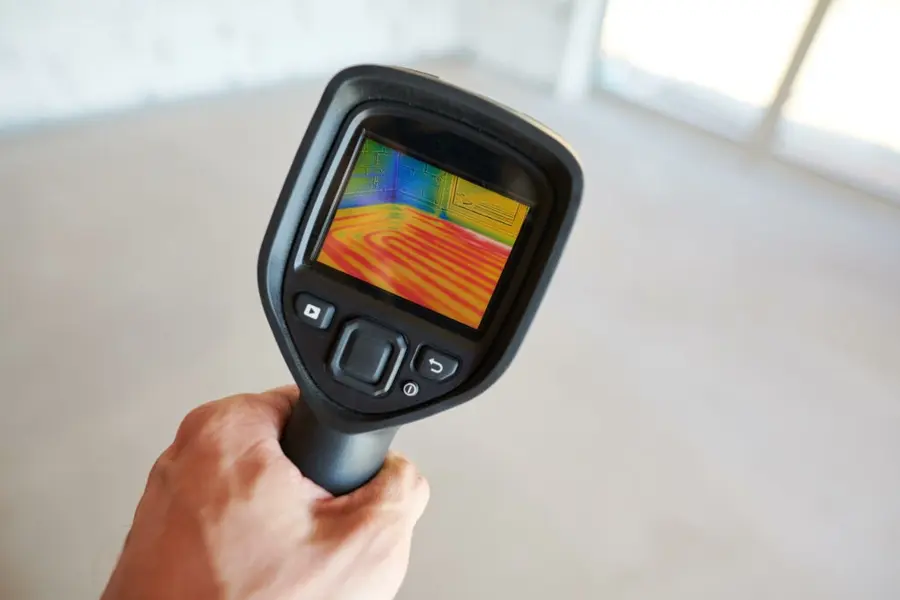 Thermal camera screen showing a damp pattern spread across a floor