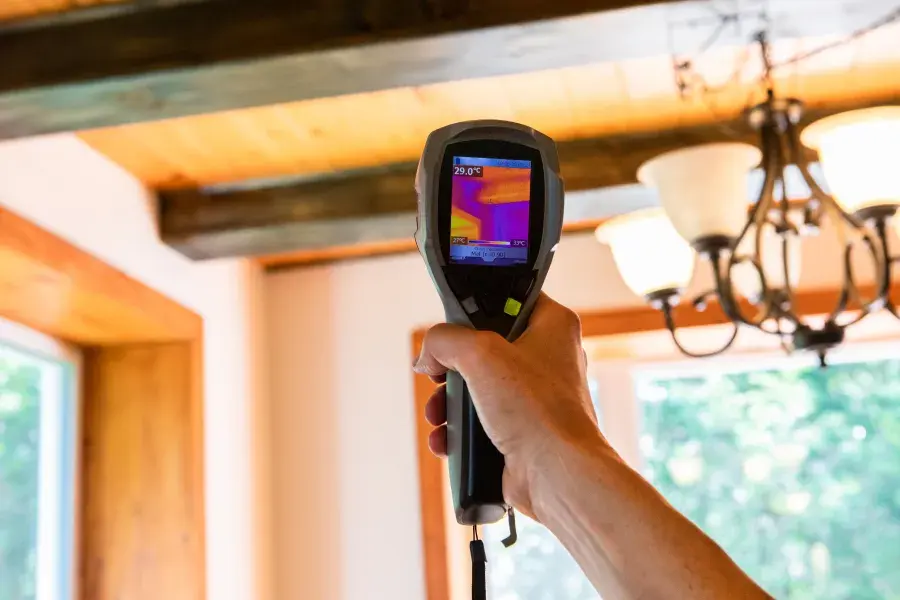 Thermal imaging camera held up to check a ceiling for hidden moisture in a Glendora home