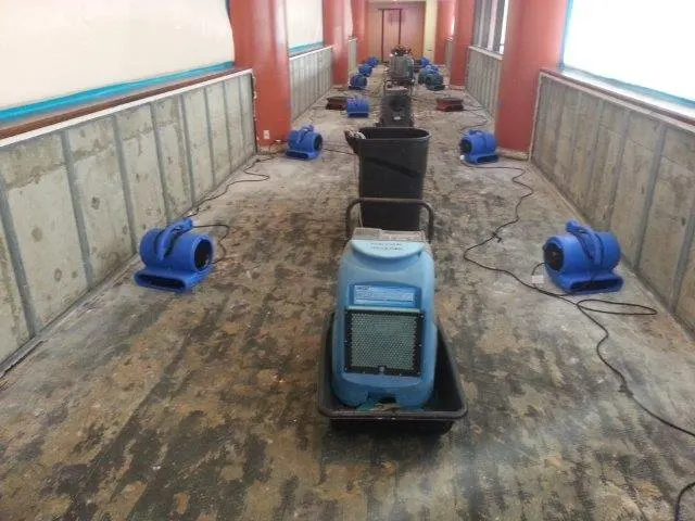 Air movers and a dehumidifier lined up down a gutted hallway after the wet drywall came out