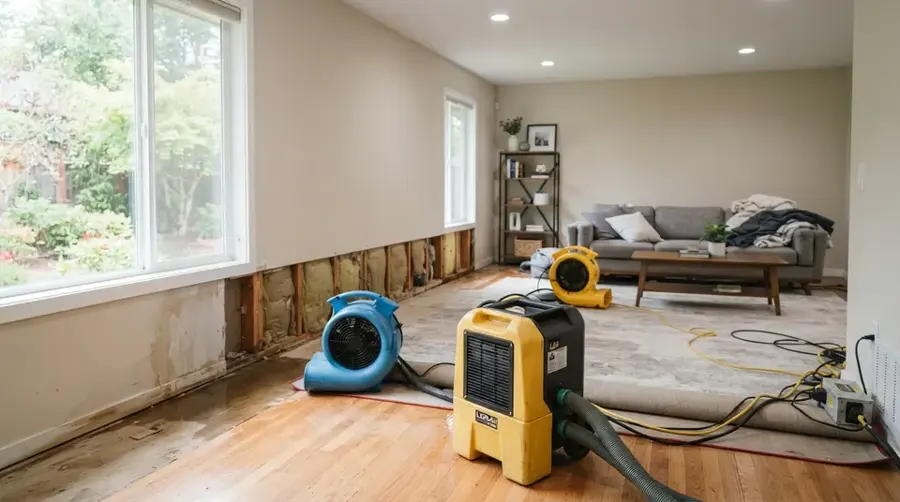 Air mover and dehumidifier drying a living room after the lower drywall was cut out, water damage restoration in Glendora