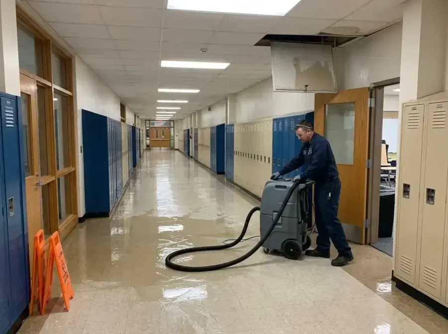 Technician running an extractor down a wet school hallway lined with lockers