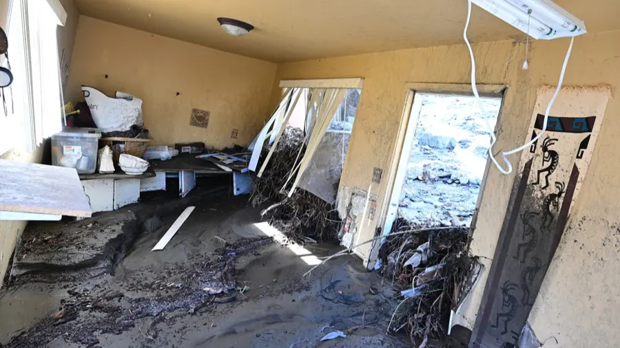 Mud and debris pushed through broken doors into a home after a storm flow