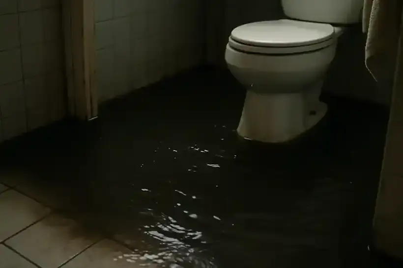 Dark water standing around a toilet across a tiled bathroom floor