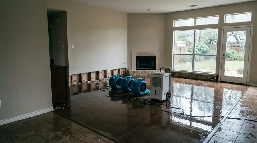 Air movers and a dehumidifier drying an emptied room with the lower walls cut open