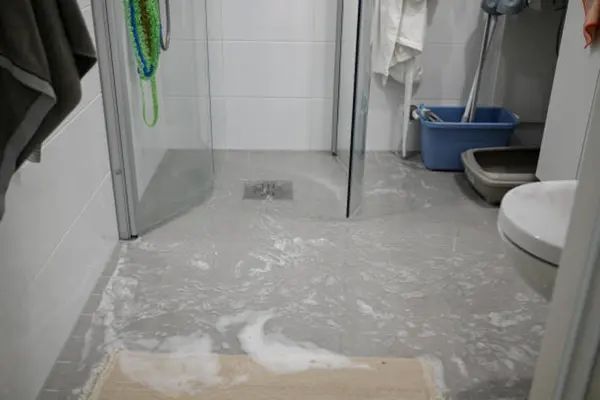 Bathroom floor covered in overflow water around the toilet and shower